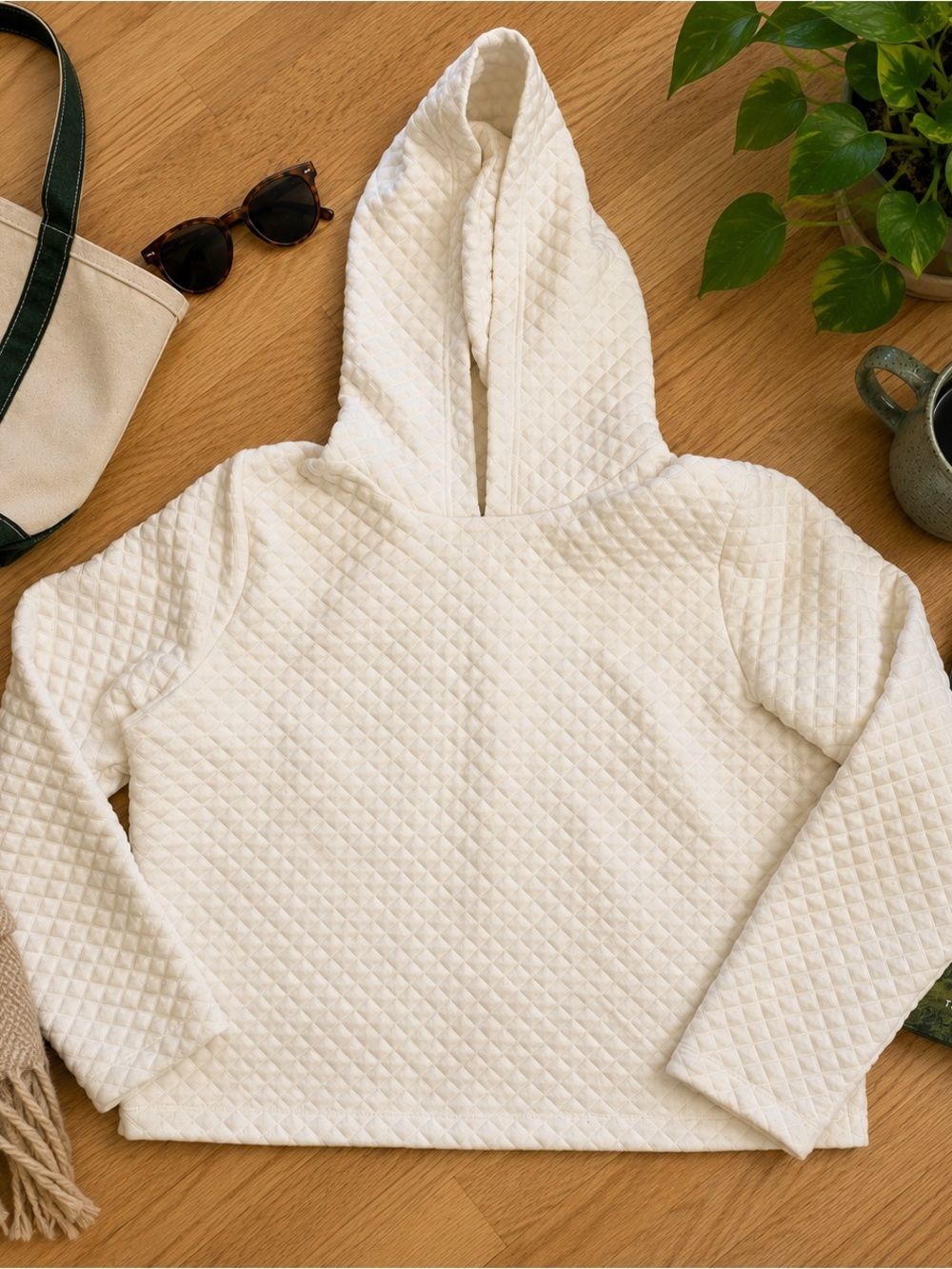J.Crew Ivory Quilted Hooded Sweatshirt XL